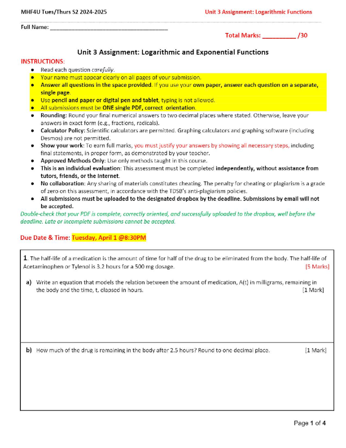 MHF4U S2 Unit 3 Assignment: Logarithmic & Exponential Functions - Studocu