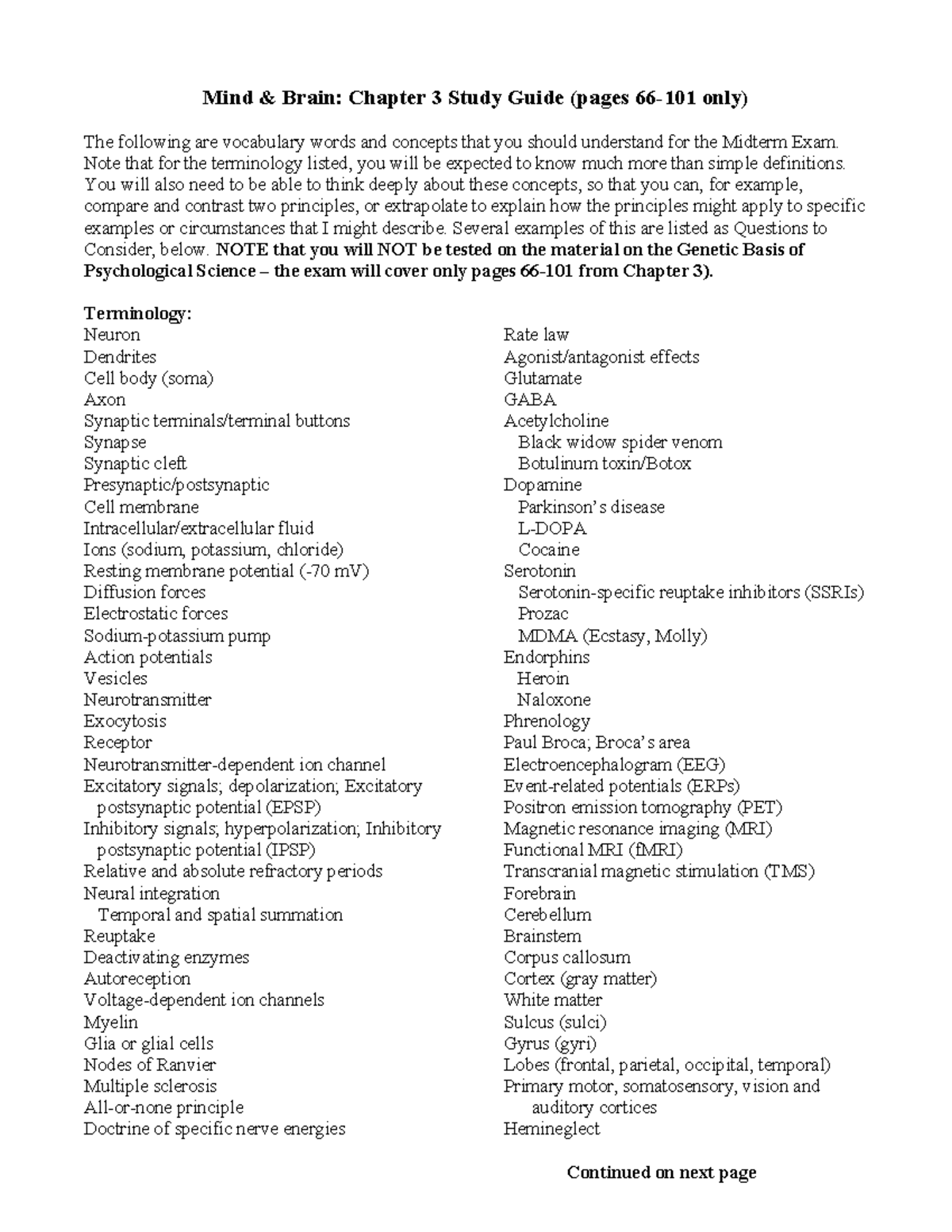 Mind & Brain: Chapter 3 Study Guide - Key Concepts for Midterm Exam ...
