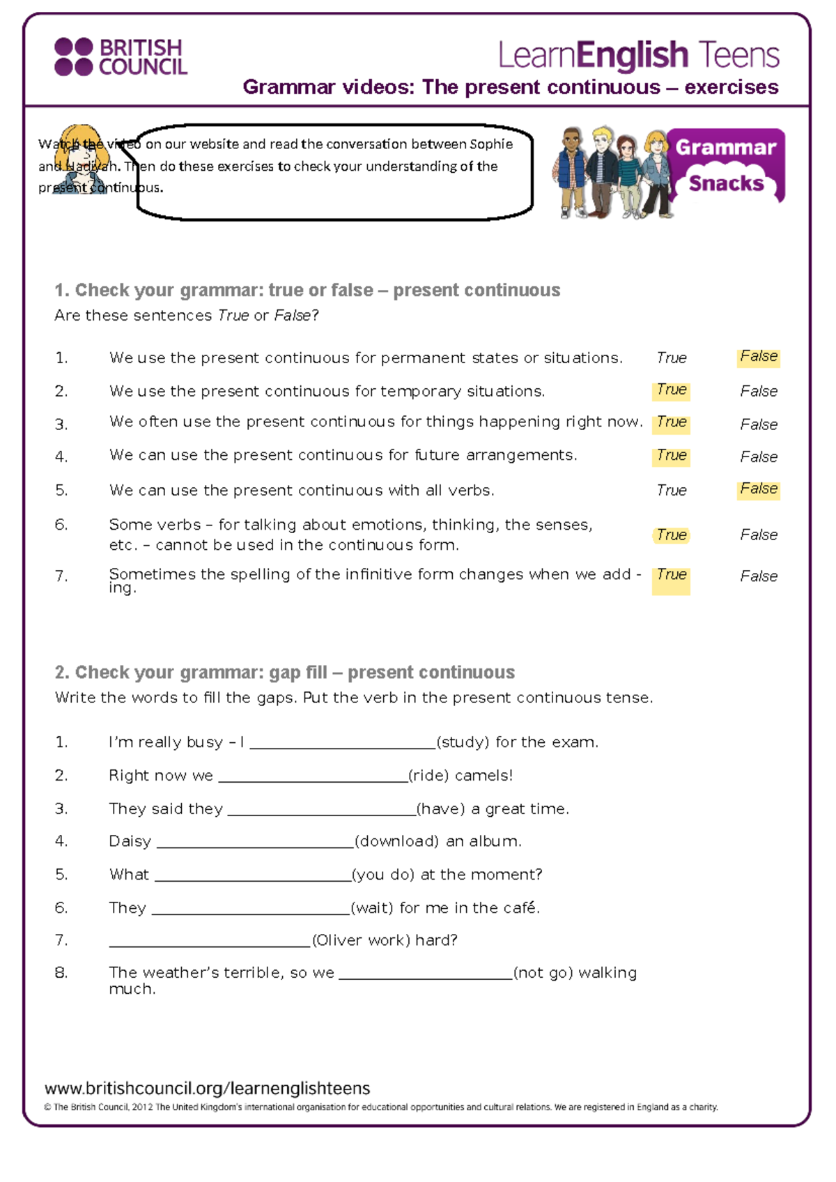 Present Continuous Exercises - Understanding the Grammar Concepts - Studocu
