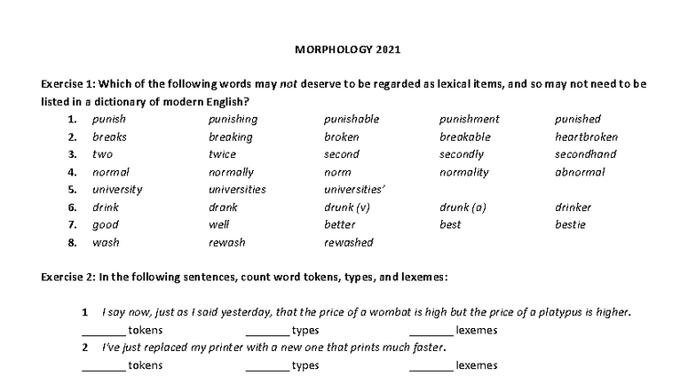 Morphology 2021: Exercises and Analysis for Lexical Items - Studocu