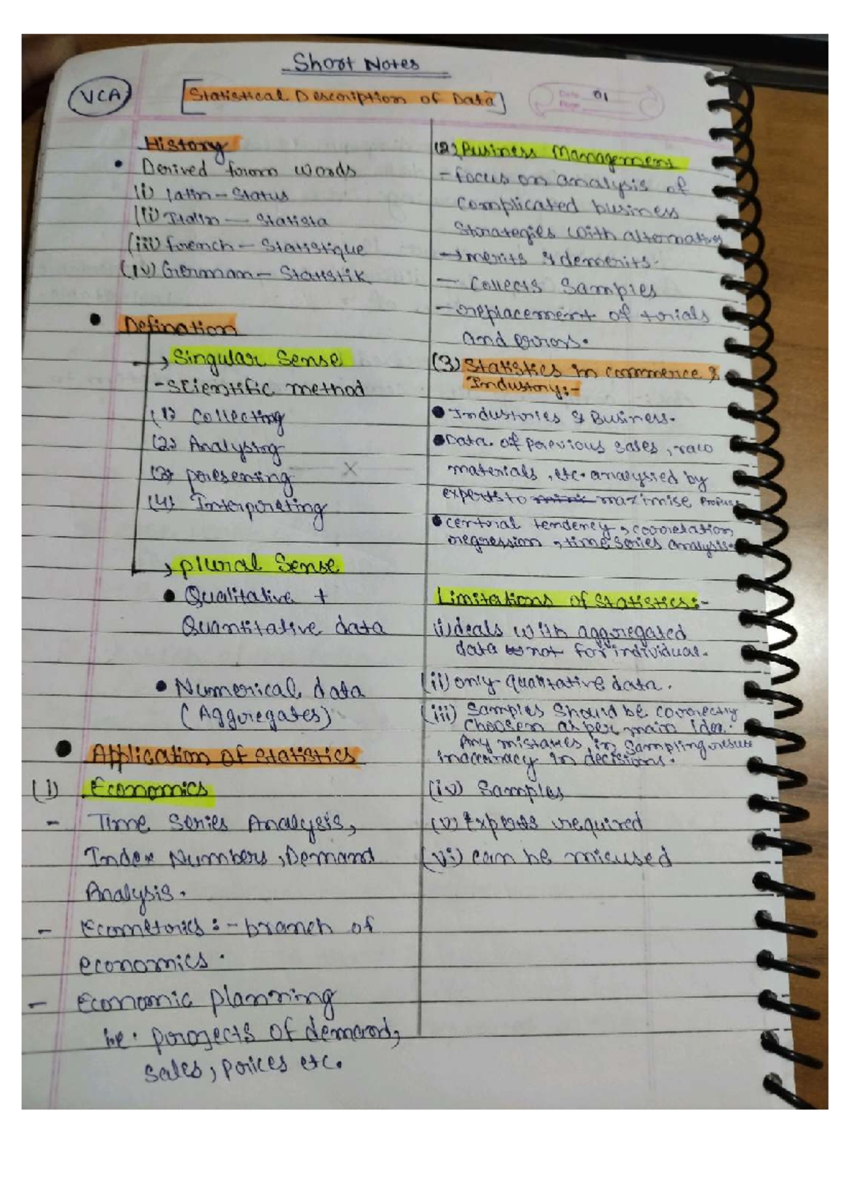 VCA 101: Short Notes on Statistical Description of Data - Studocu