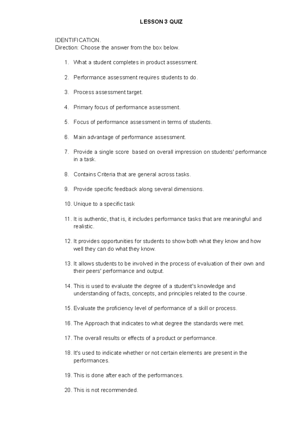 Lesson 3 Quiz: Key Concepts in Performance Assessment - Studocu