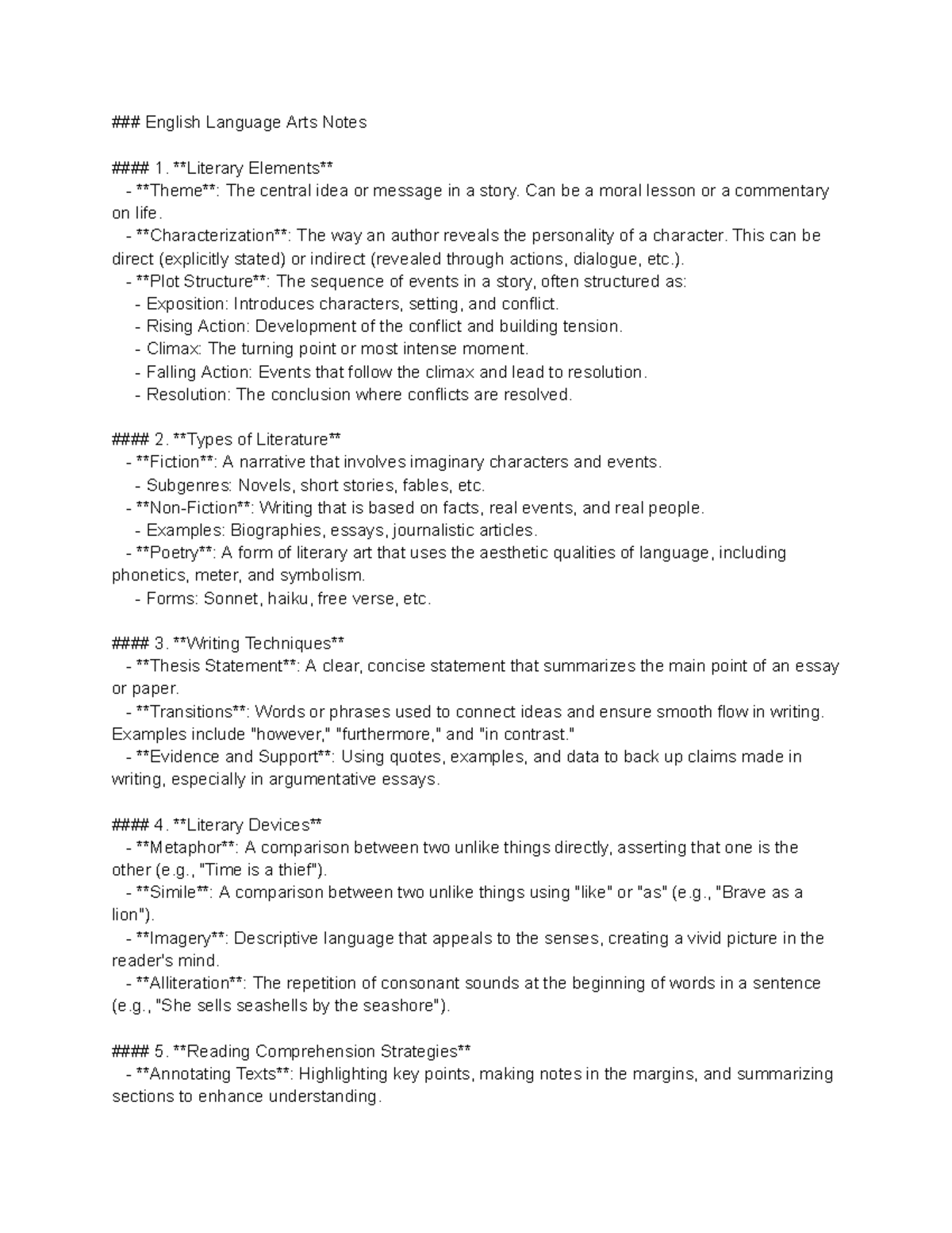 ELA Notes: Key Literary Elements and Writing Techniques Guide - Studocu
