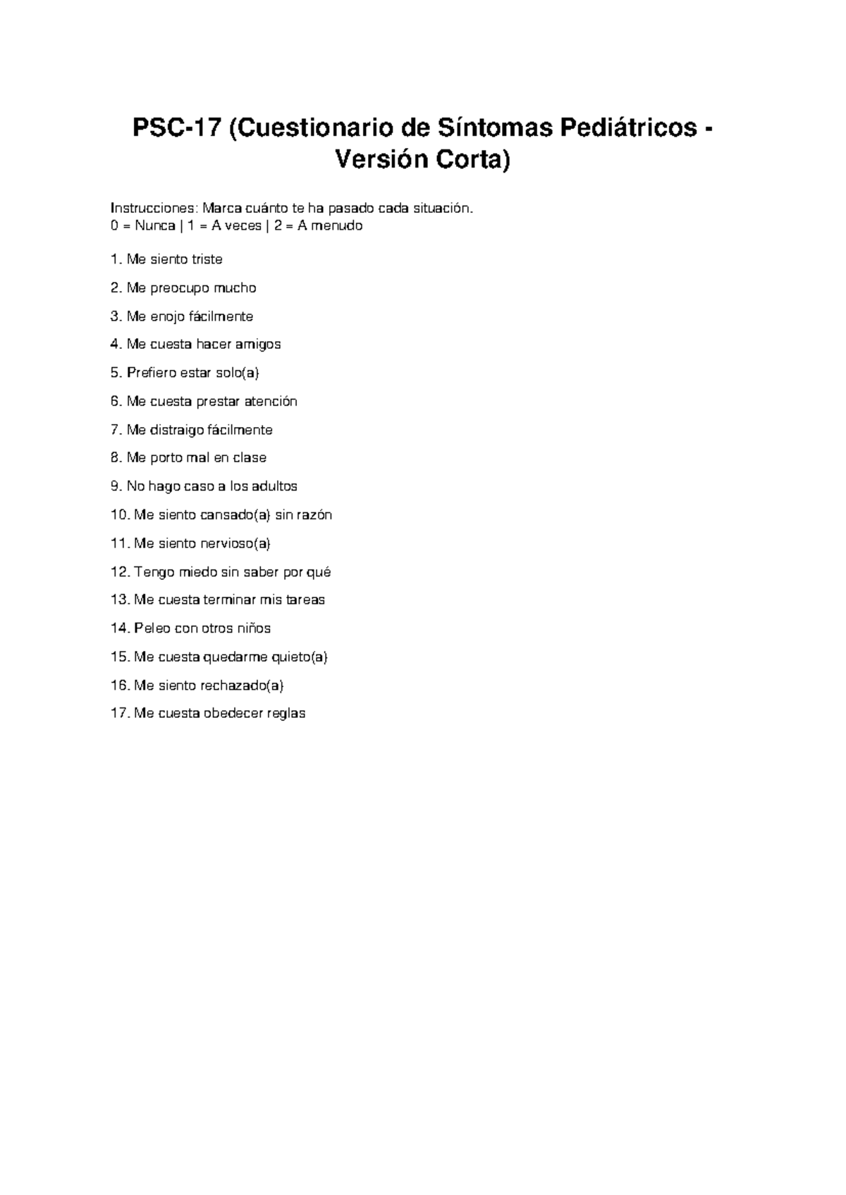 Cuestionario de Síntomas Pediátricos PSC17 - Prueba Corta - Studocu