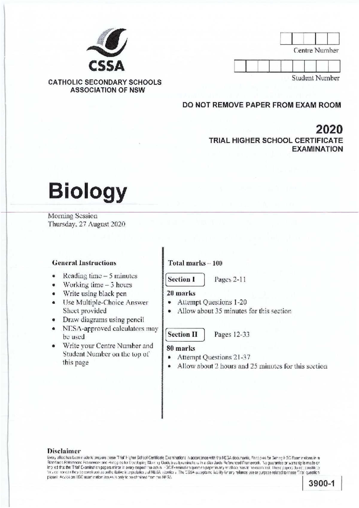 BIO HSC Trial Exam Paper 2020 - Catholic Schools Association - Studocu