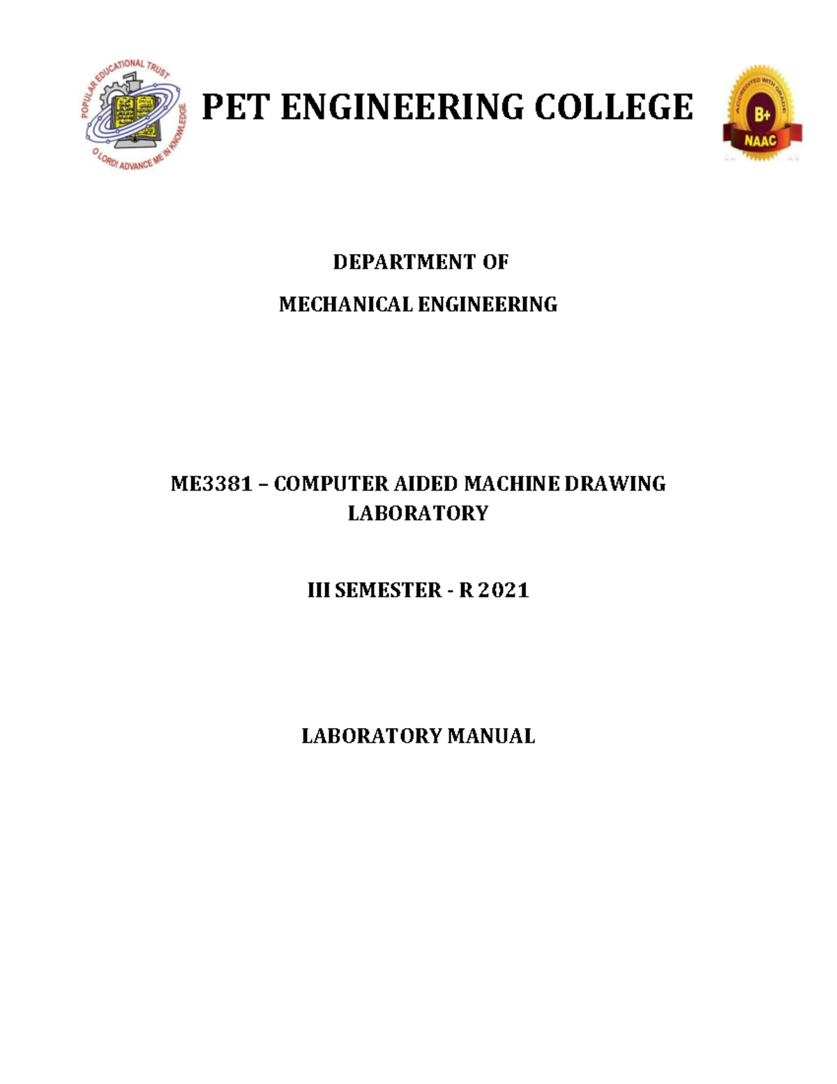 ME3381 CADD Lab Manual: Introduction to Computer Aided Machine Drawing ...