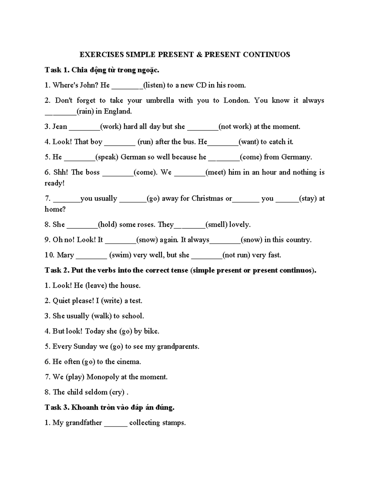 Exercises on Simple Present & Present Continuous Tenses - Studocu