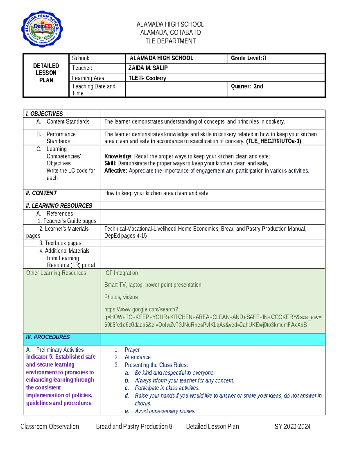 2ND COT - TLE 8 Detailed Lesson Plan on Kitchen Cleanliness - Studocu
