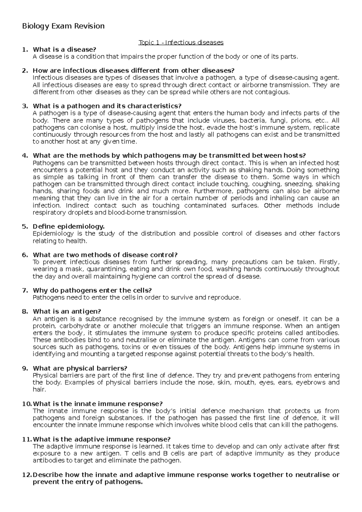 Biology 101: Final Exam Revision Notes on Infectious Diseases & Cells ...