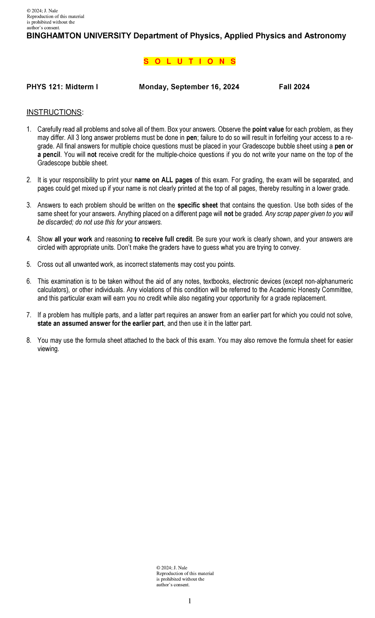 PHYS 121 Midterm I Solutions - Fall 2024 Exam Answers - Studocu