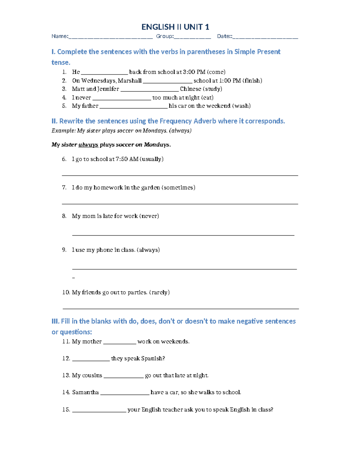 ENGLISH II UNIT 1 - Simple Present Tense Practice Exam - Studocu