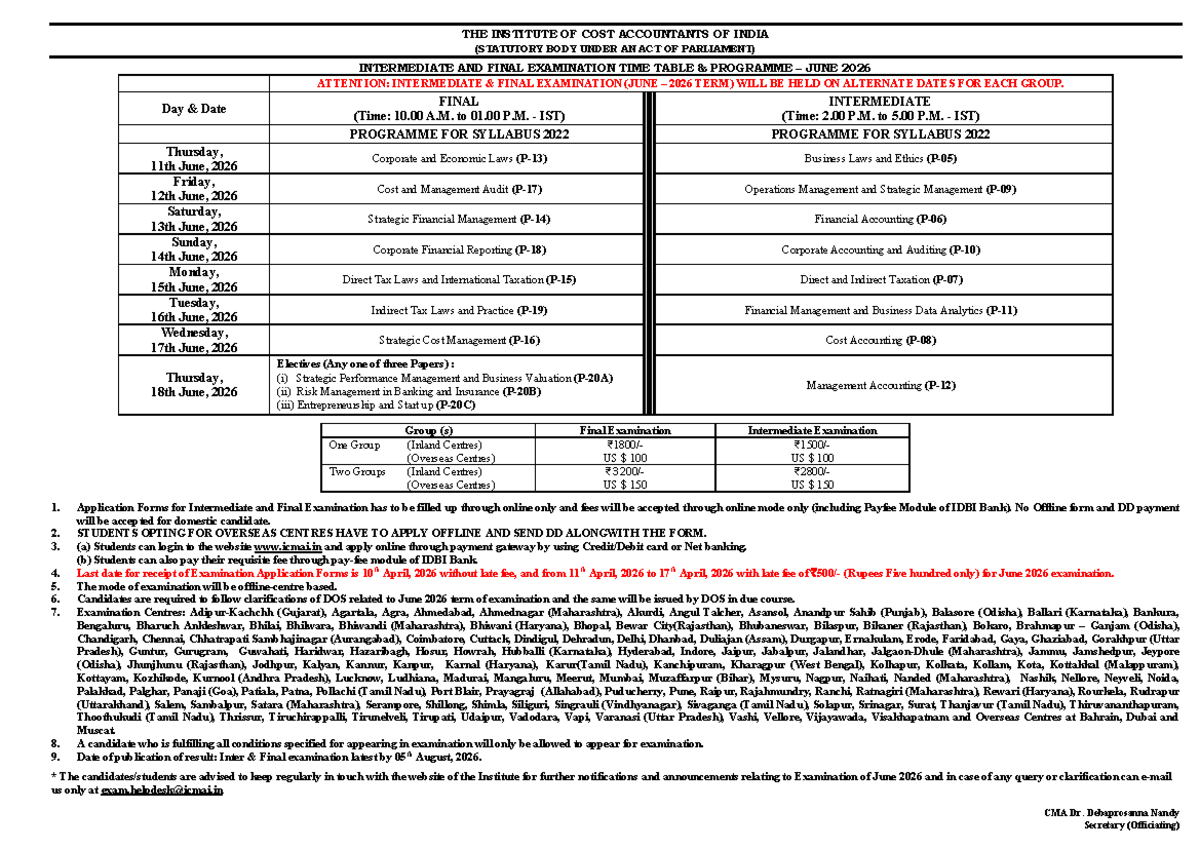 CMA Intermediate & Final Exam Time Table - June 2026 - Studocu