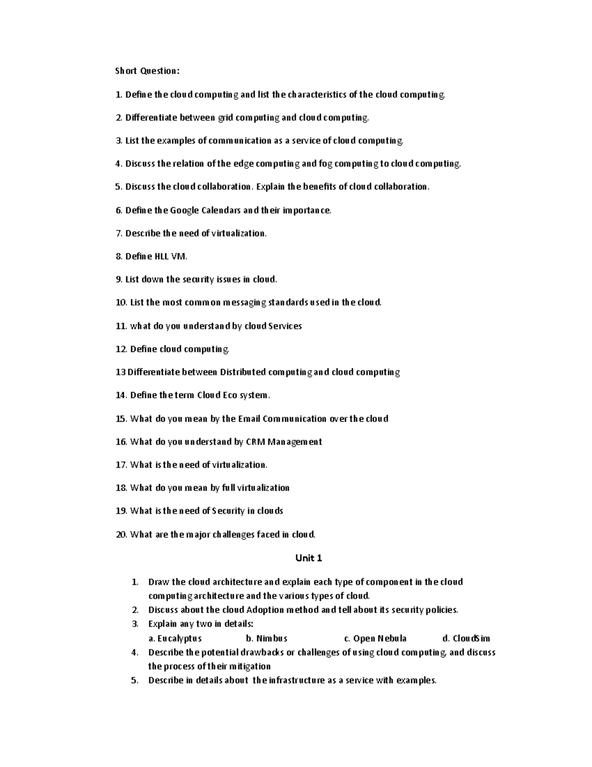 Important Questions for CC: Cloud Computing Concepts & Challenges - Studocu