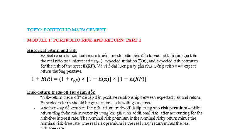 Portfolio Management (PM) - Module 1: Risk and Return Analysis - Studocu