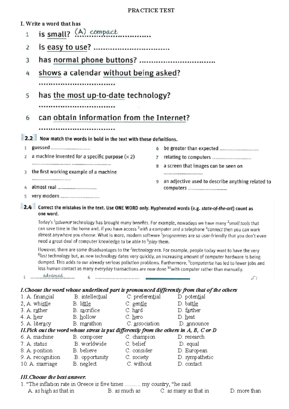 PRACTICE TEST I: Vocabulary & Grammar Exercises - Studocu