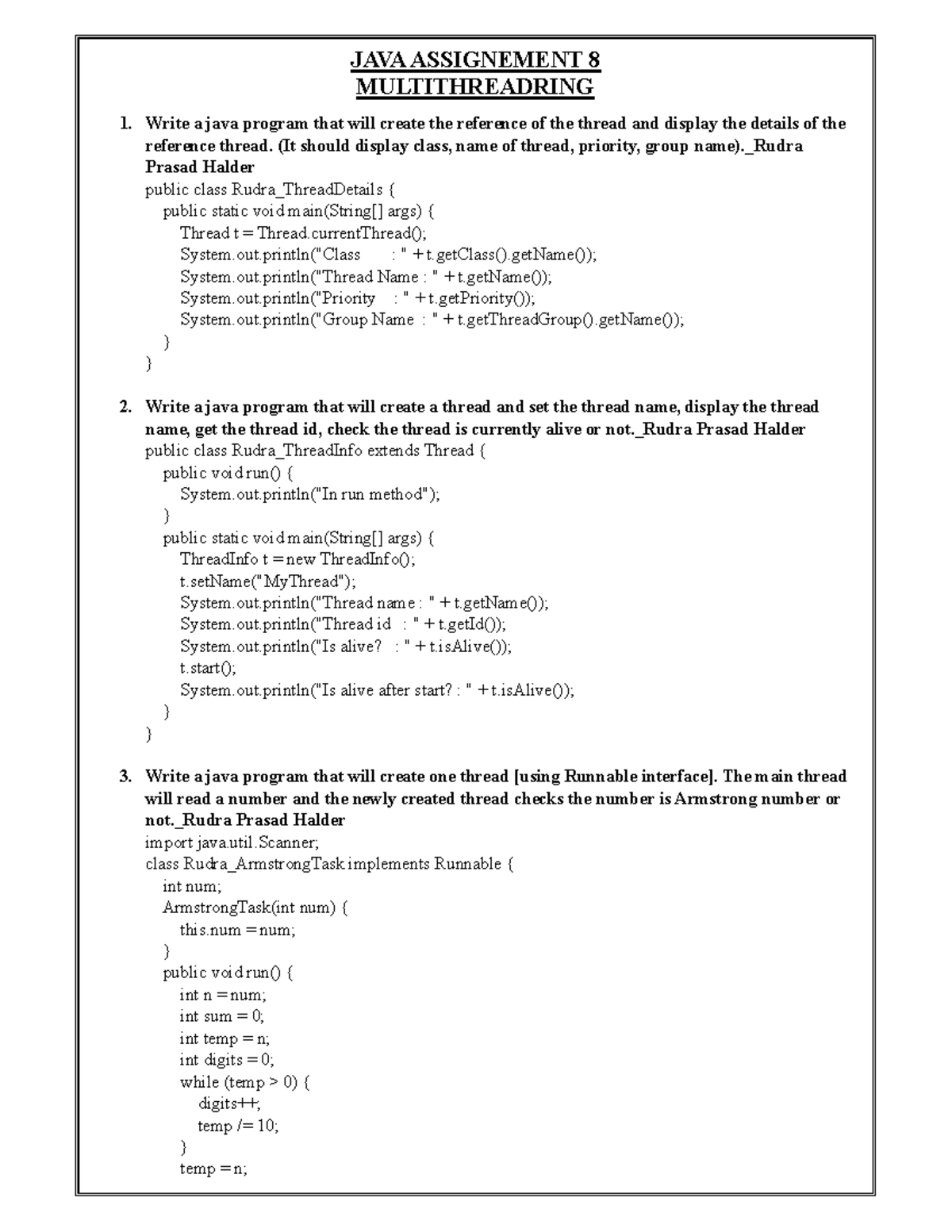 JAVA ASSIGNMENT 8 - MULTITHREADING PROGRAMS - Studocu