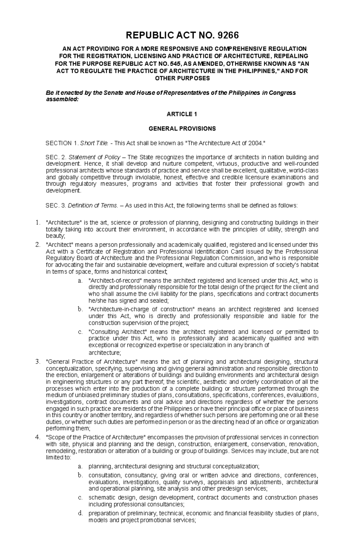 RA 9266: Comprehensive Definitions for the Architecture Act - Studocu