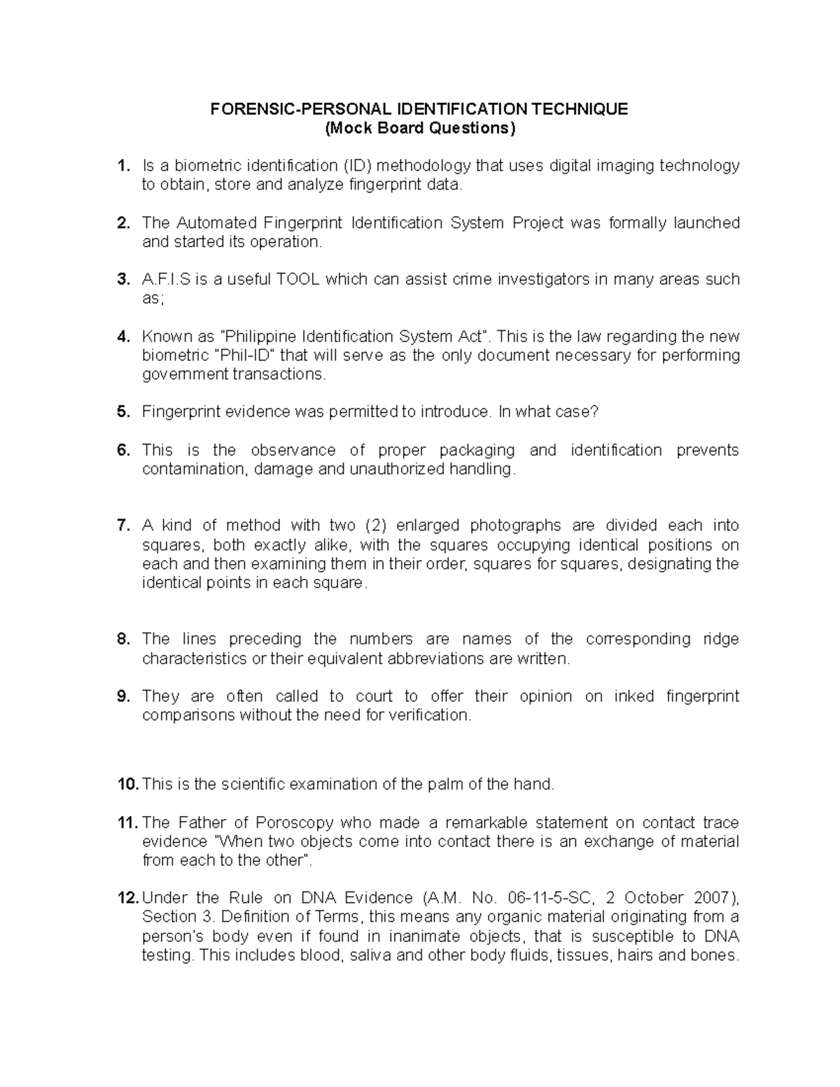FPIT Mock - Forensic Personal Identification Techniques Overview - Studocu
