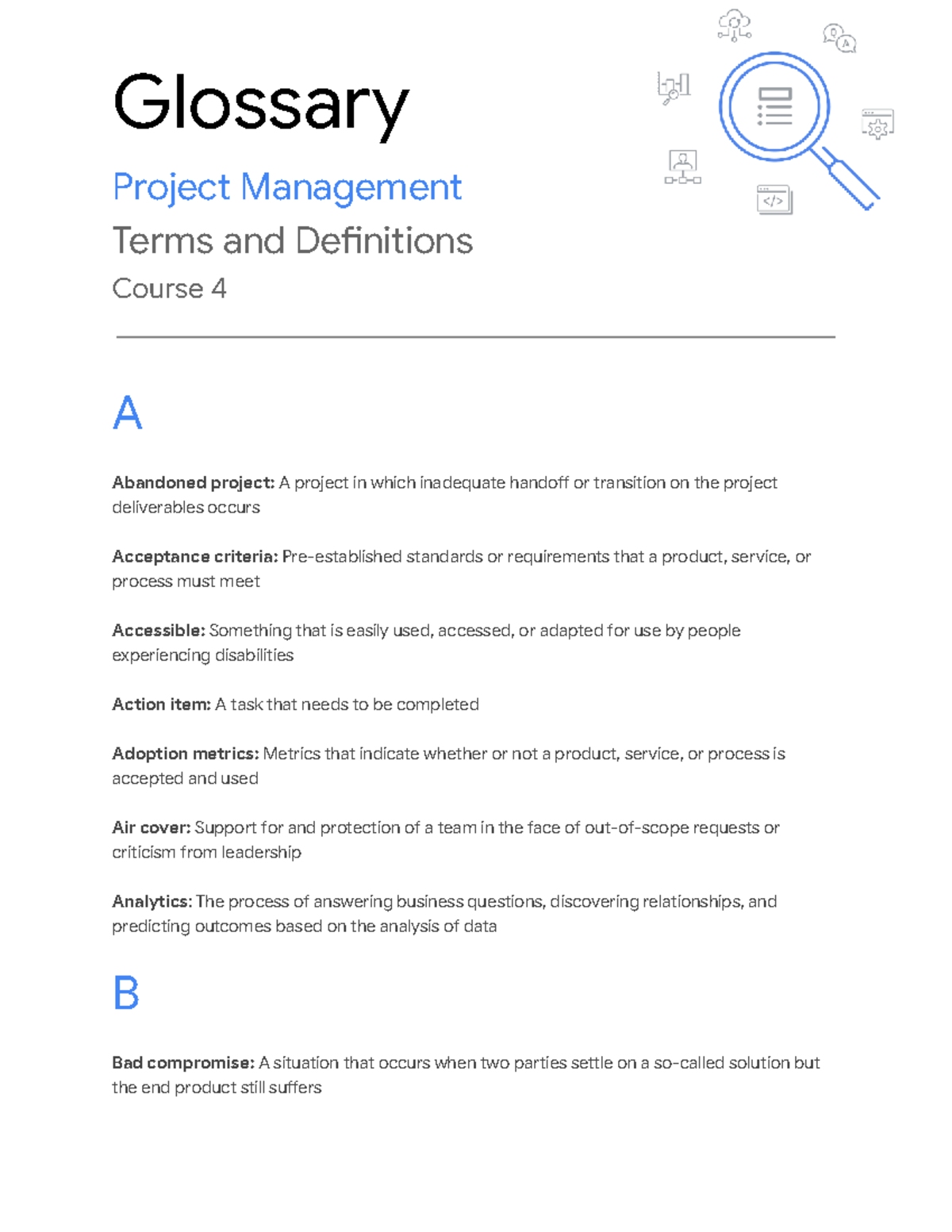 Course 4 Project Management Glossary: Key Terms & Definitions - Studocu