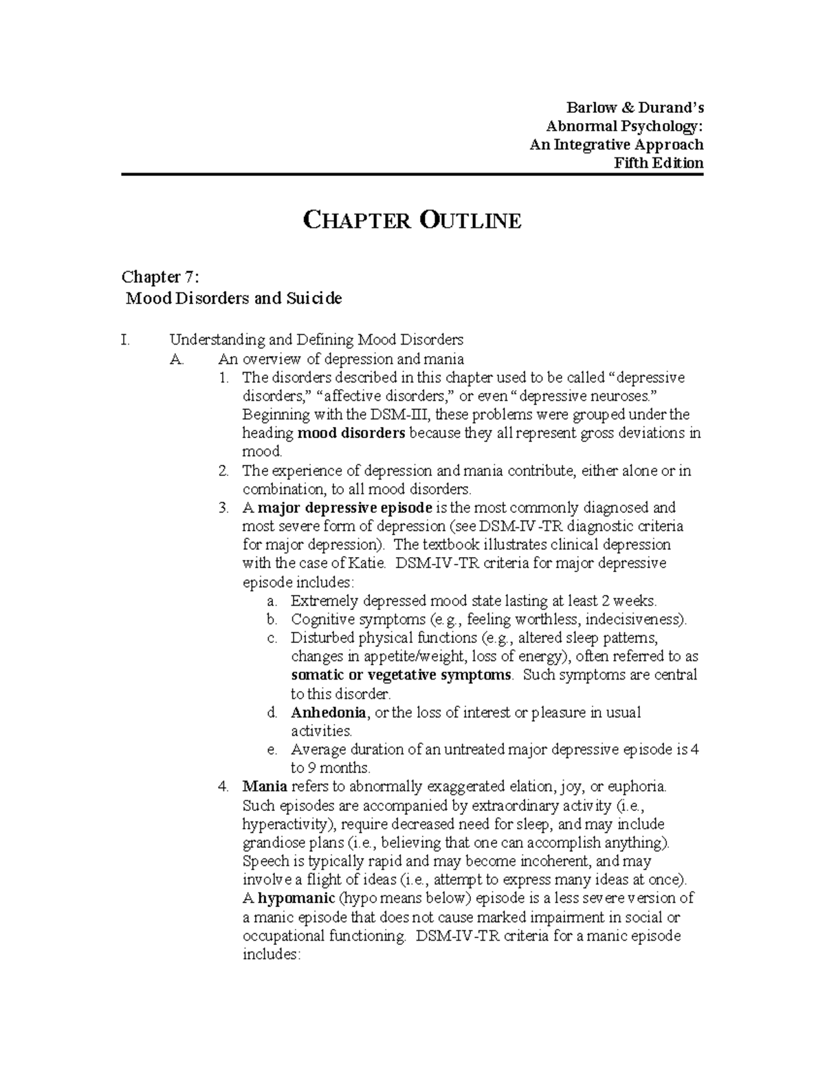 Barlow & Durand's Abnormal Psychology (CH 7): Mood Disorders Overview ...