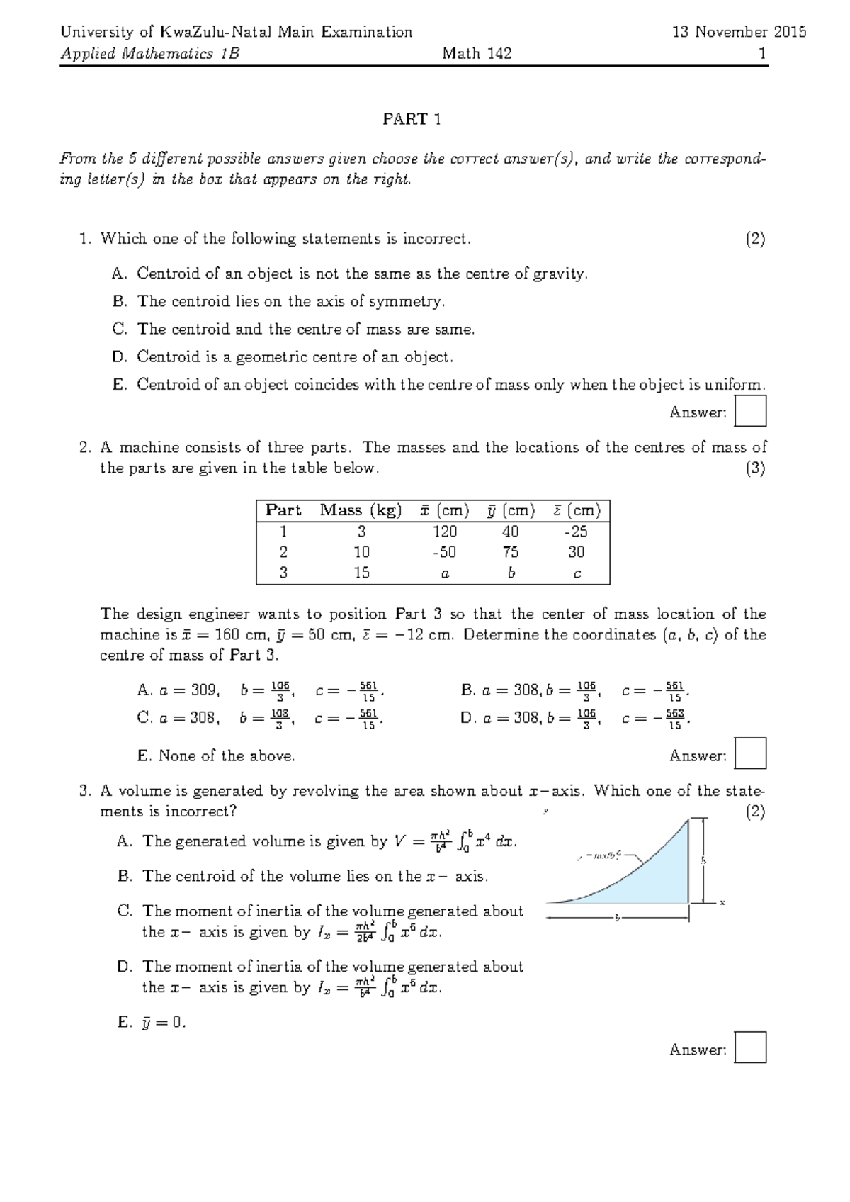 Math 142 - Applied Mathematics 1B Exam 2015 Past Paper Review - Studocu
