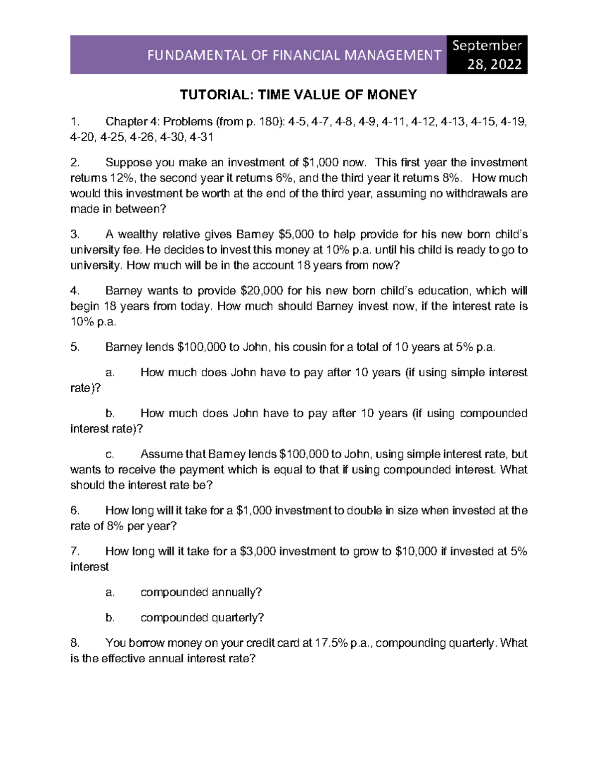 FUNDAMENTALS OF FINANCIAL MANAGEMENT (FIN 101) - TUTORIAL 1 HOMEWORK ...