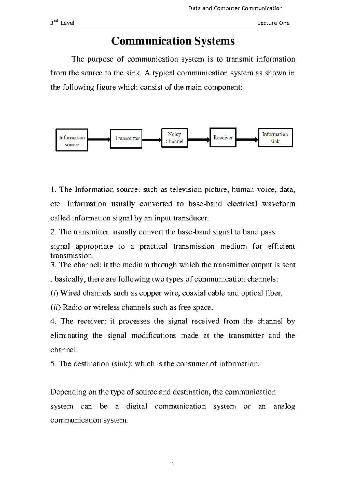 Data and Computer Communication 3rd Level Lecture 1: Communication ...