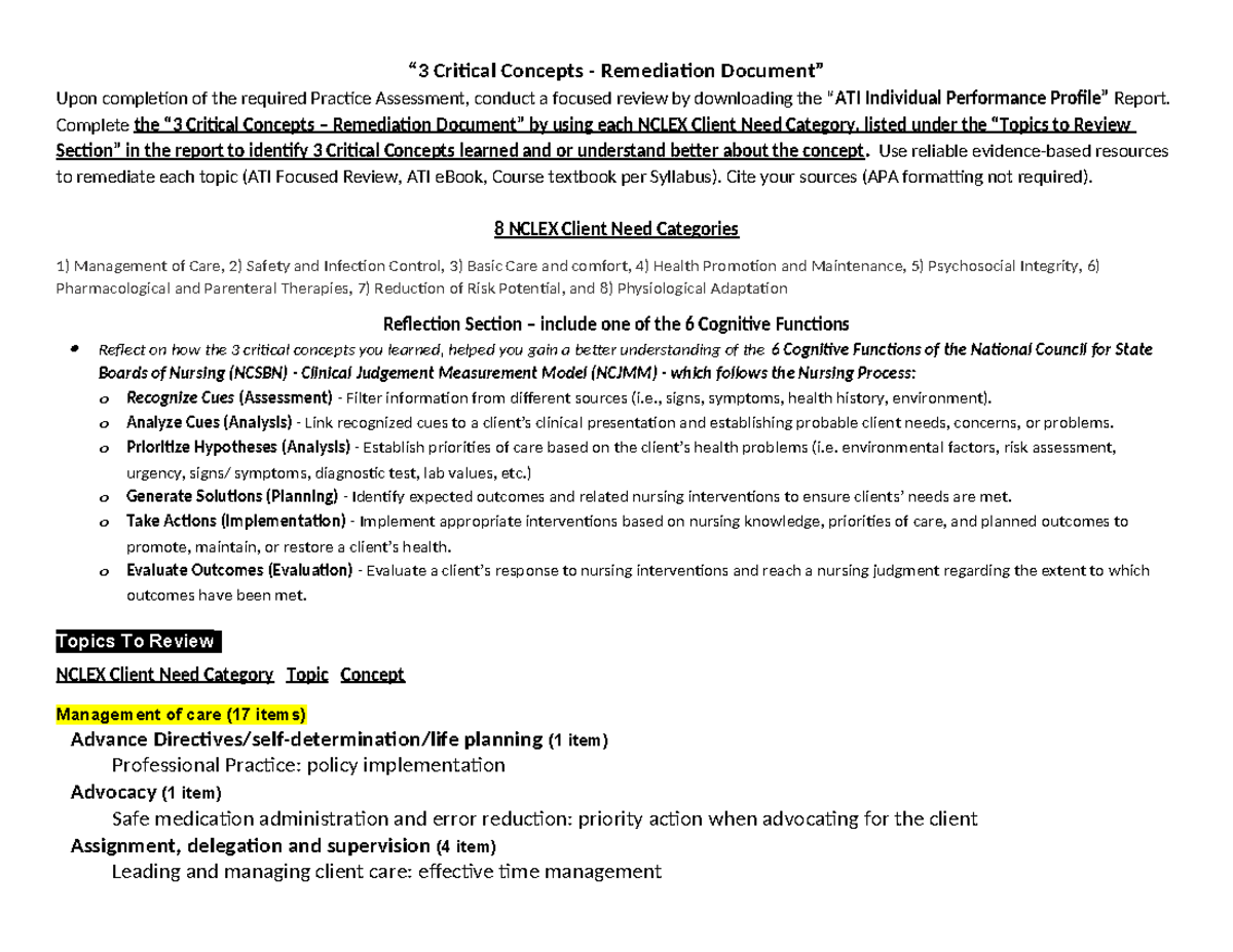 3 Critical Concepts Remediation Doc - NCLEX Review Guide (3/25) - Studocu