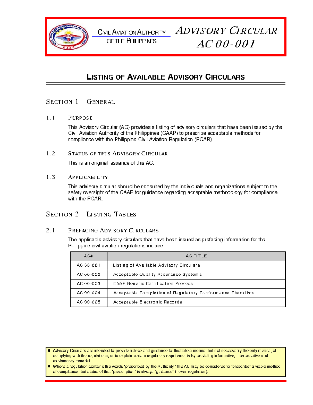 AC 00-001: Listing of Advisory Circulars by CAAP (2011) - Studocu