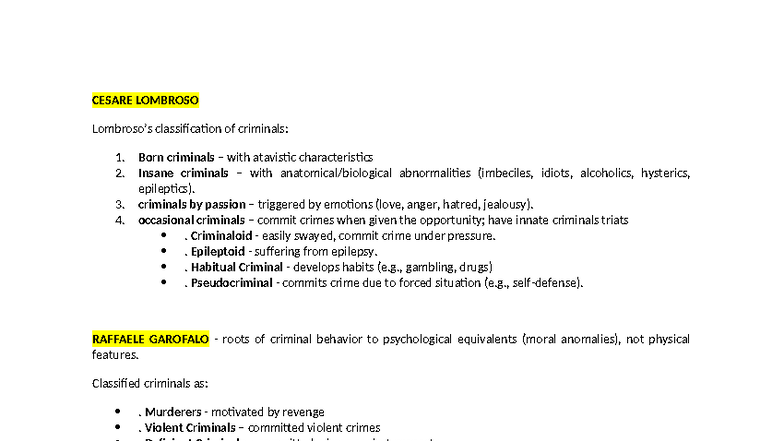 CRIM 1 - Cesare Lombroso's Criminal Classification and Theories - Studocu