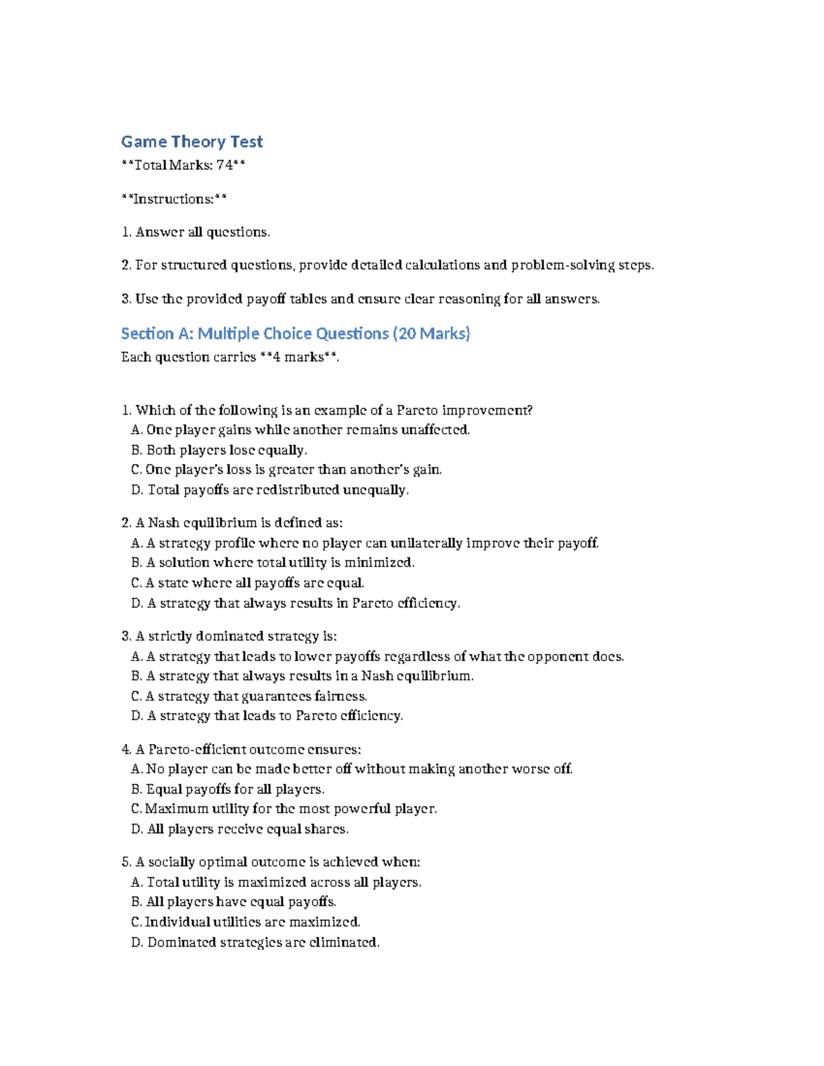 Game Theory (GT101): Practice Test & Structured Questions Guide - Studocu