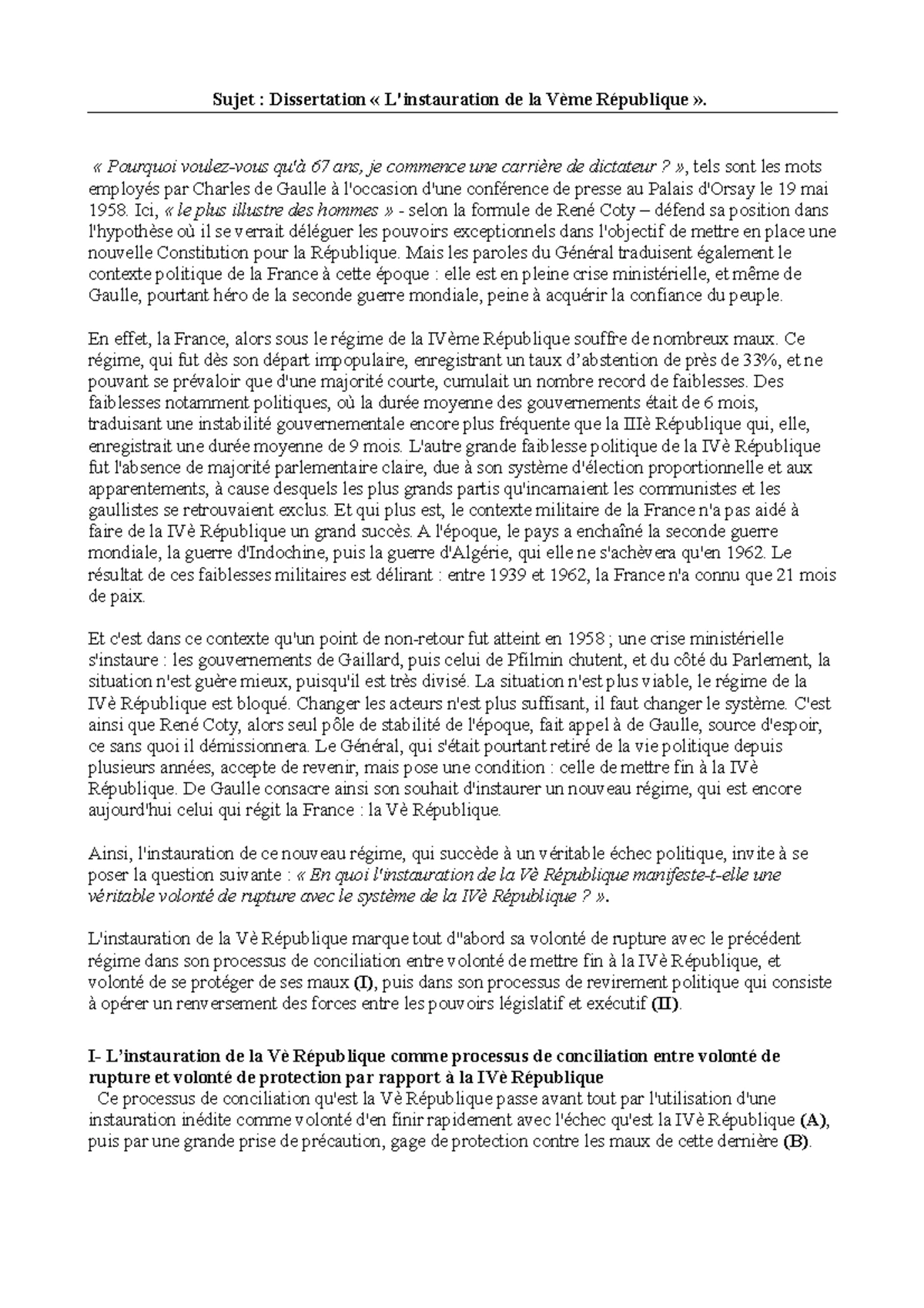 TD 4 - Dissertation : Rôle du Premier Ministre sous la Vème République ...