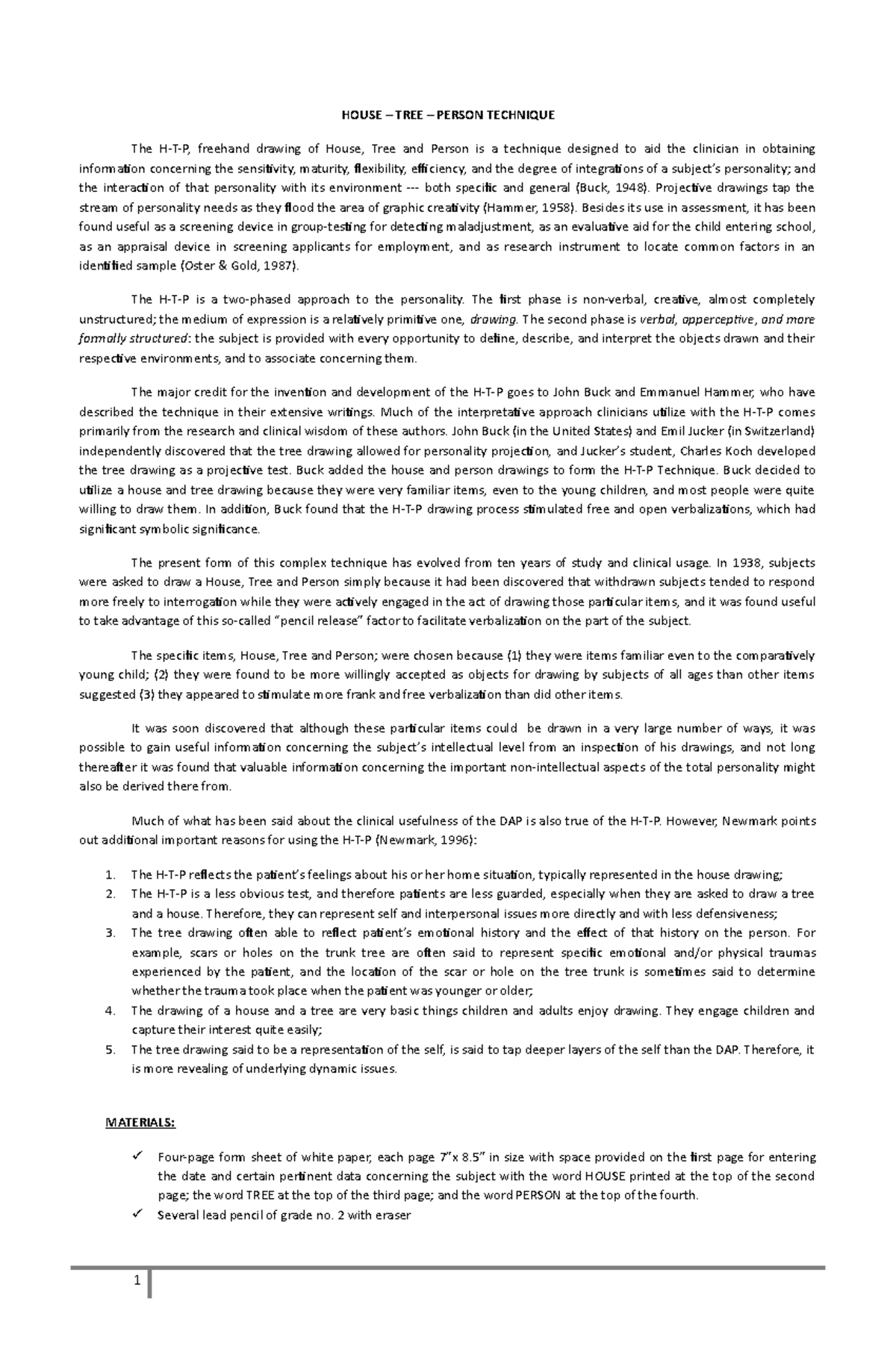 HTP Technique - Lecture Notes 1: Understanding Personality Assessment ...