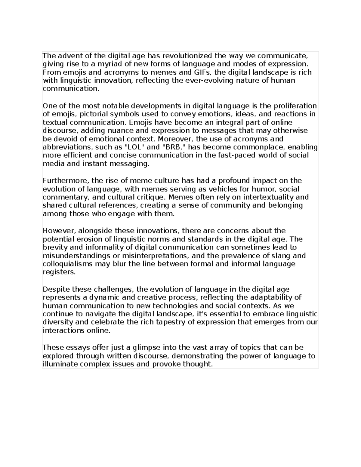Essay 3 - The Evolution of Language in the Digital Age - Studocu