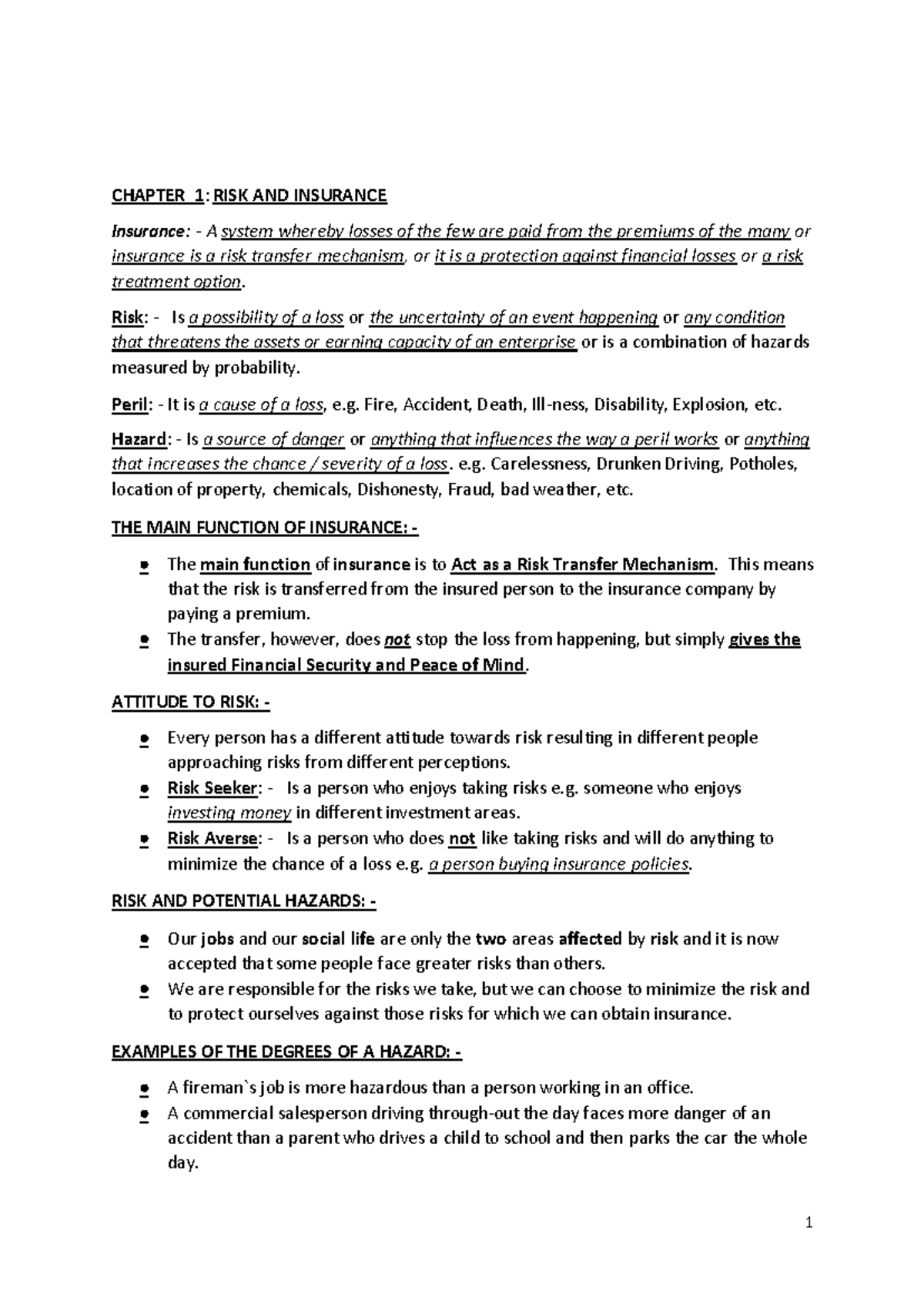 Chapter 1: Risk and Insurance Overview - Studocu