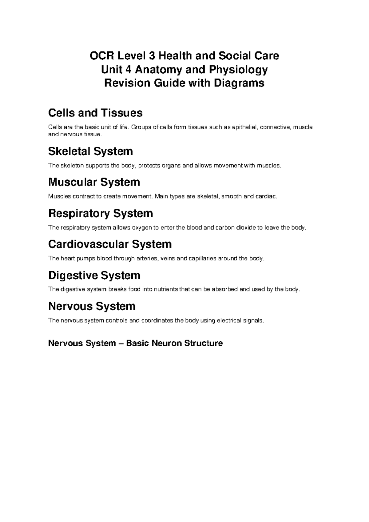 OCR Level 3 Health & Social Care Unit 4 Anatomy & Physiology Revision ...