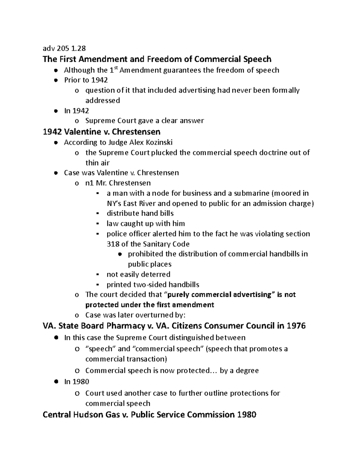 Adv 205 In-Class Notes on First Amendment & Commercial Speech - Studocu
