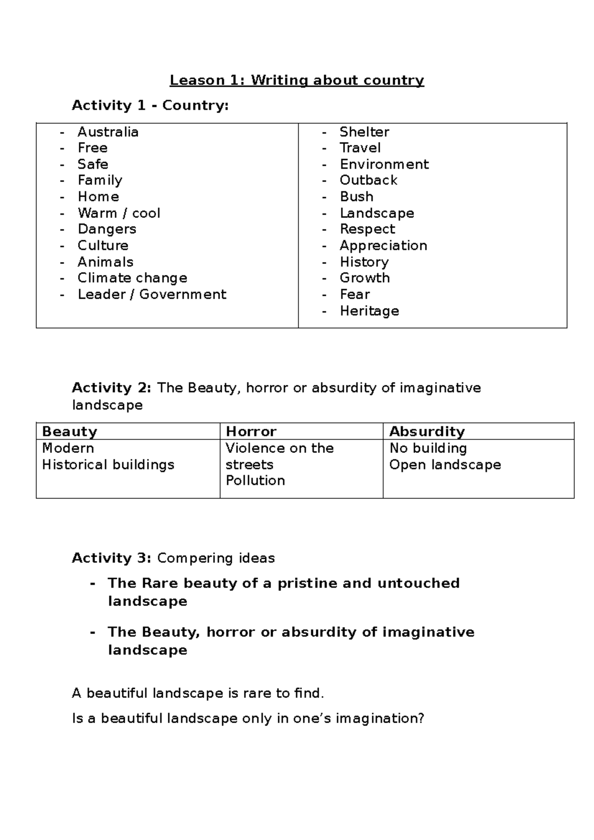 Lesson 1: Writing about country - Australia and its landscapes - Studocu