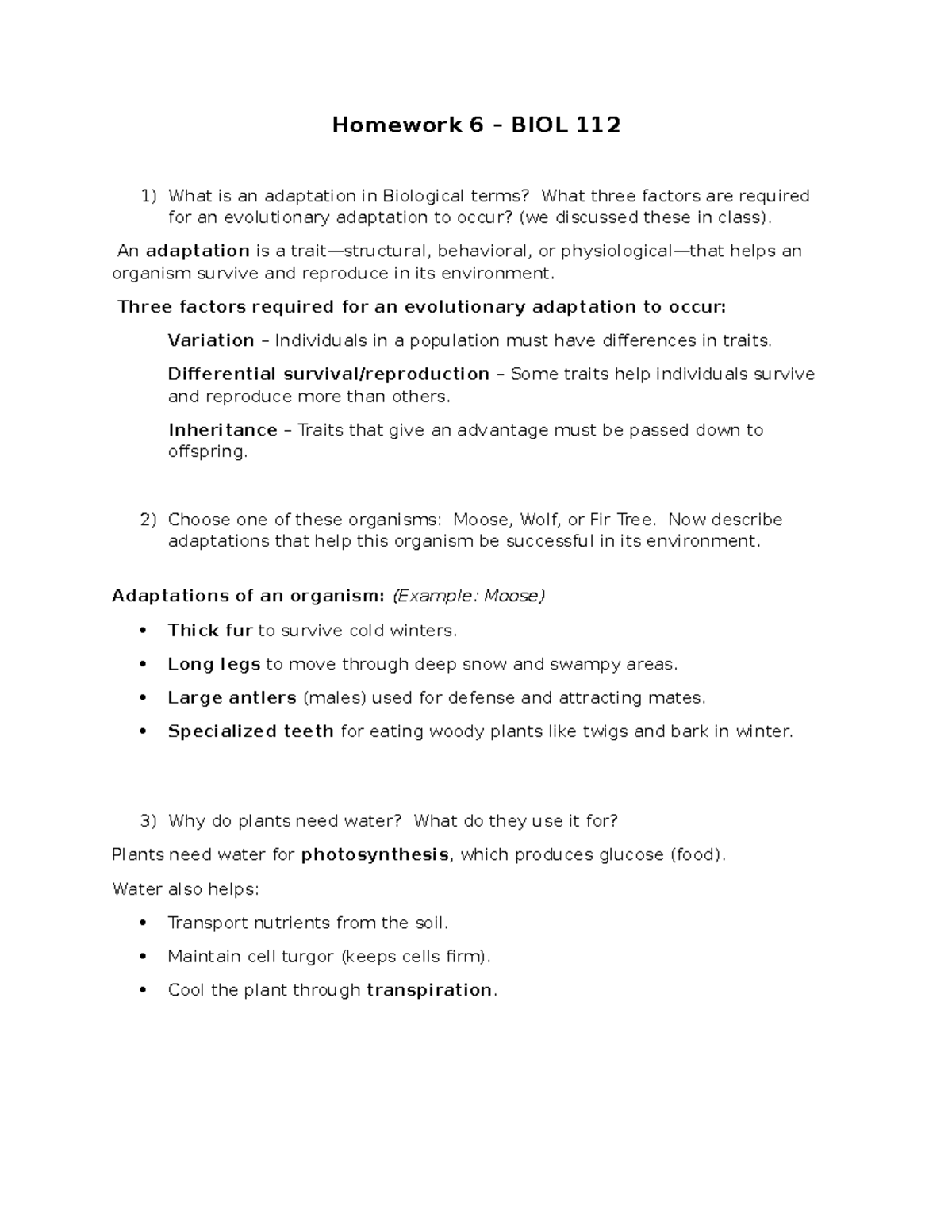 HW6 - Adaptations in Biology: Key Concepts & Organism Examples - Studocu
