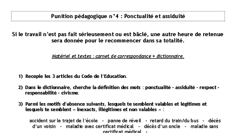 Punition Pédagogique : Ponctualité et Assiduité en Classe - Studocu