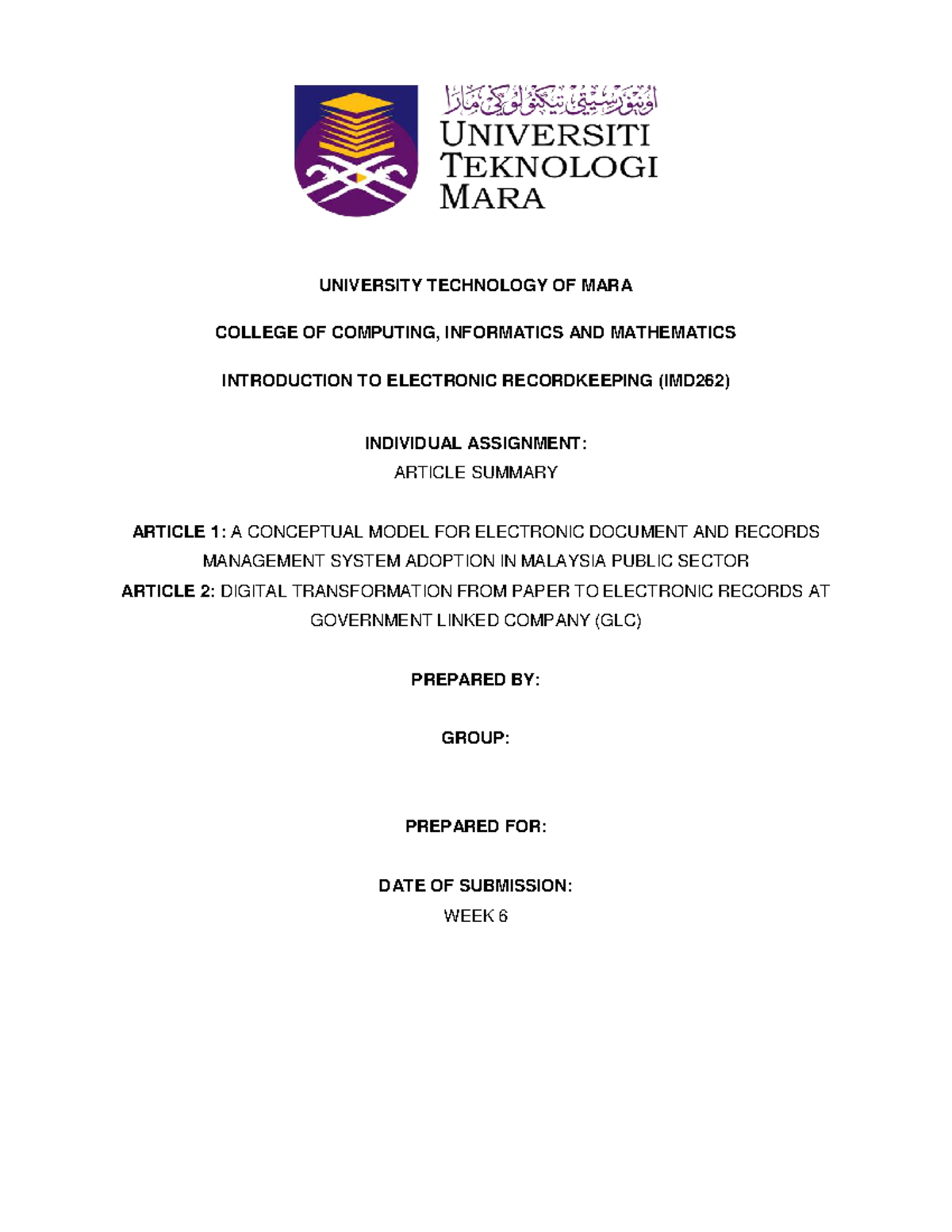 Individual assignment imd262 2024 - UNIVERSITY TECHNOLOGY OF MARA ...