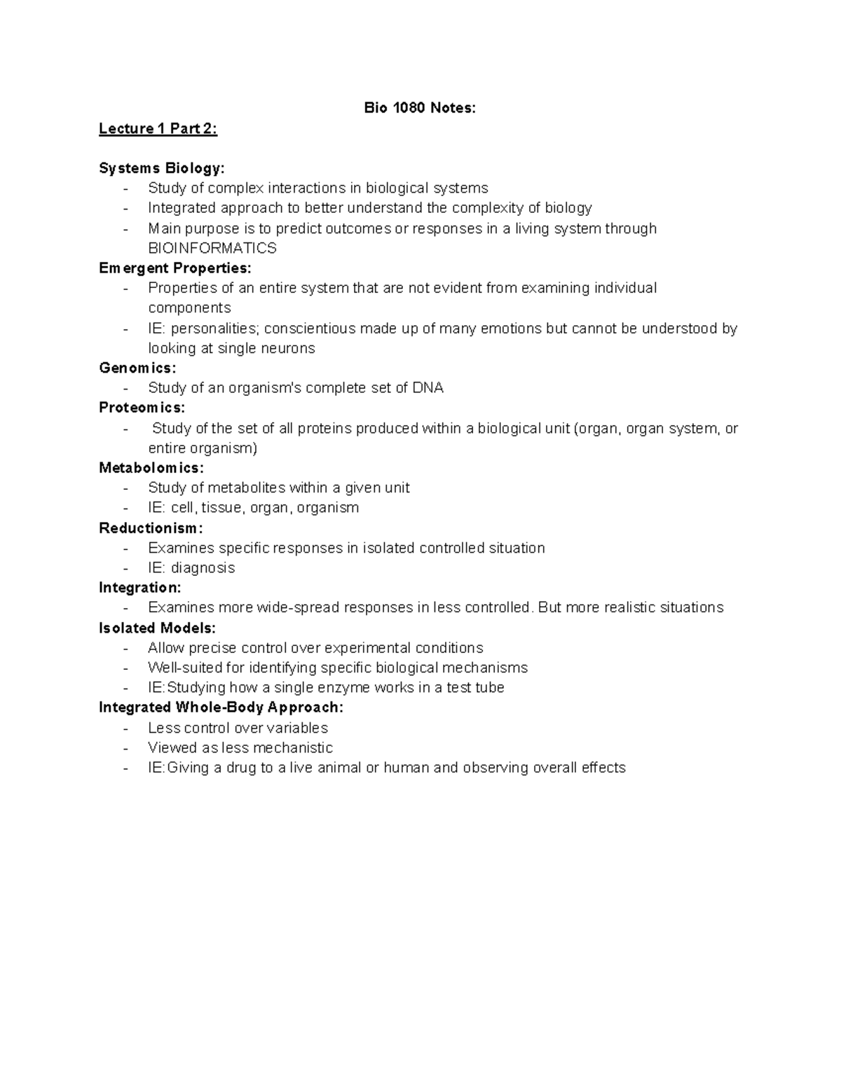 Bio 1080 Lecture Notes: Systems Biology and Integrated Approaches - Studocu