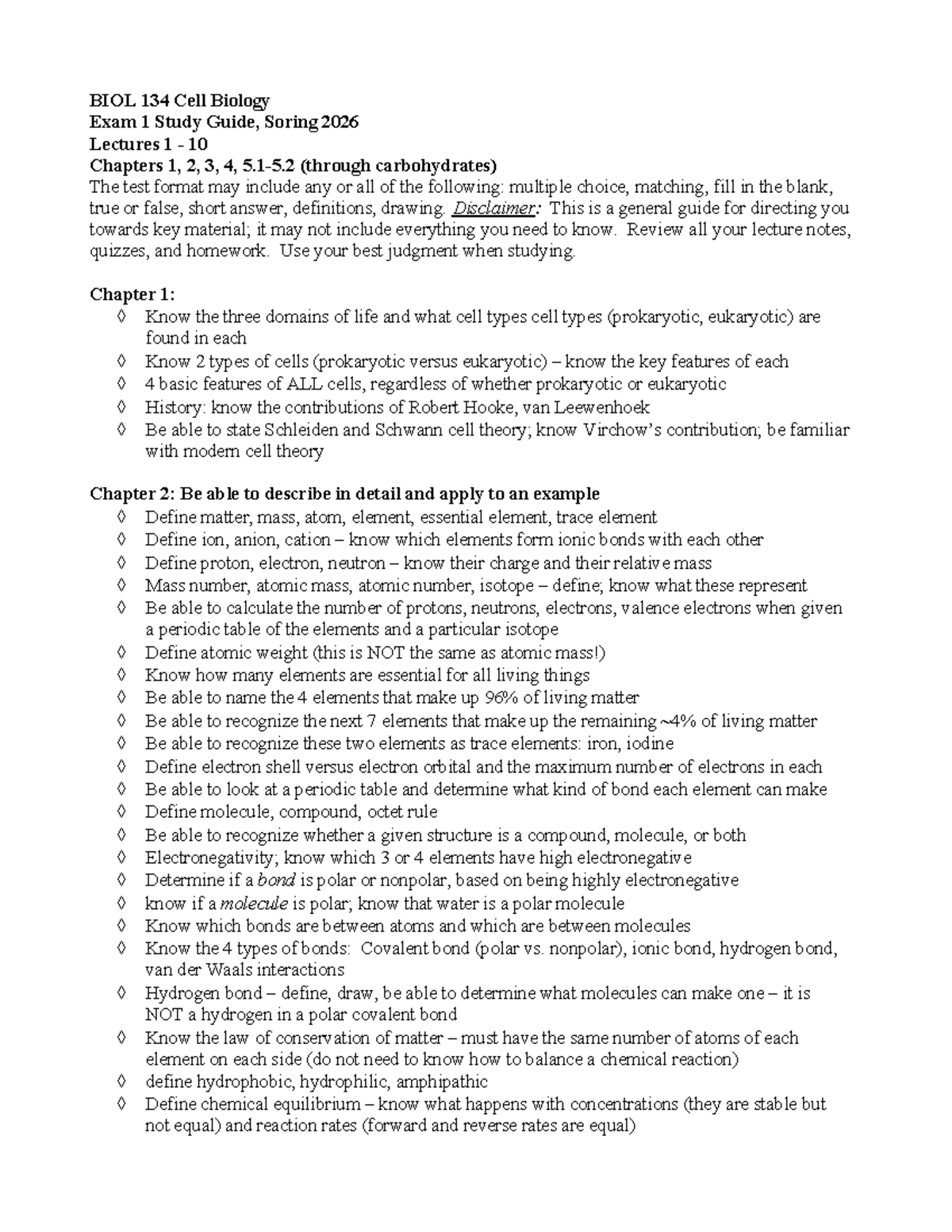 BIOL 134 Cell Biology Exam 1 Study Guide, Spring 2026 - Studocu