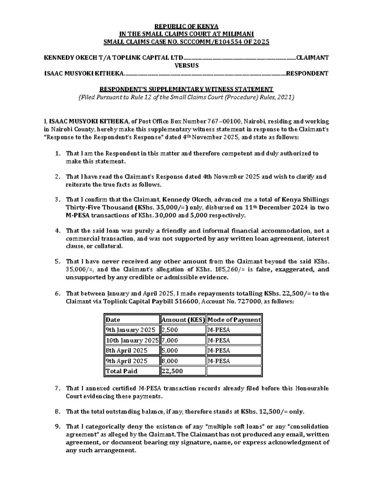Supplementary Witness Statement in Small Claims Case No. 2025 - Studocu