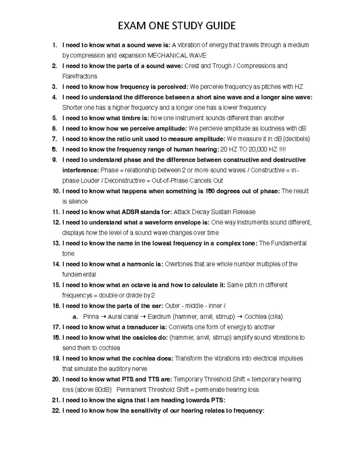 Exam One Study Guide: Key Concepts of Sound Waves & Hearing (MUS 101 ...