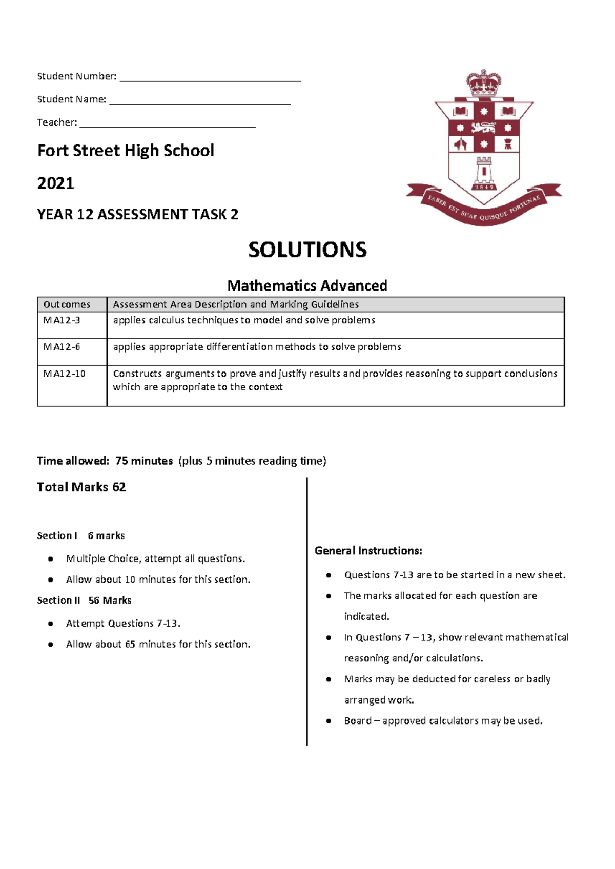 2021 Fort St Y12 Math Adv Task 2 Solutions & Marking Guide - Studocu