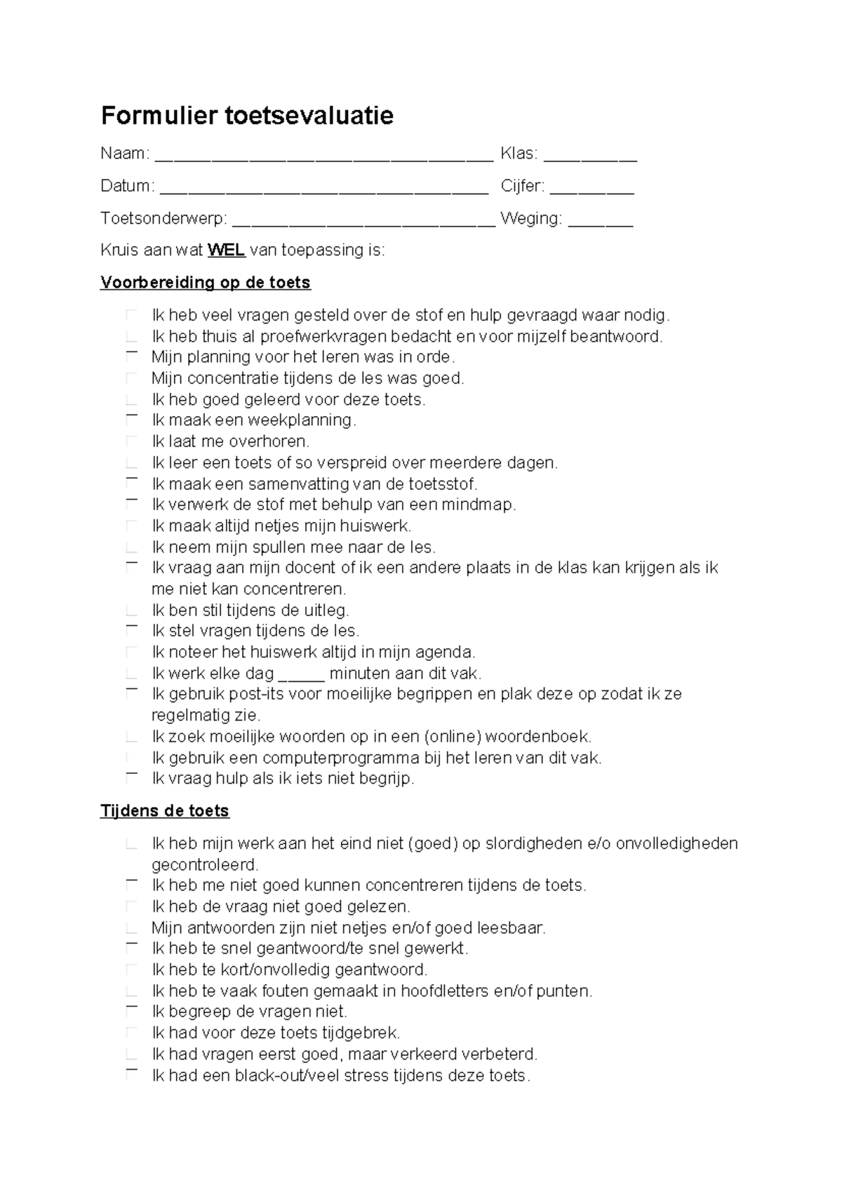 Toetsevaluatie Formulier - Reflectie op Voorbereiding en Uitvoering ...