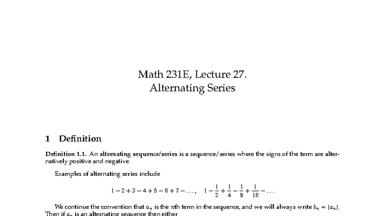 Math 231E, Lecture 27: Introduction to Alternating Series - Studocu