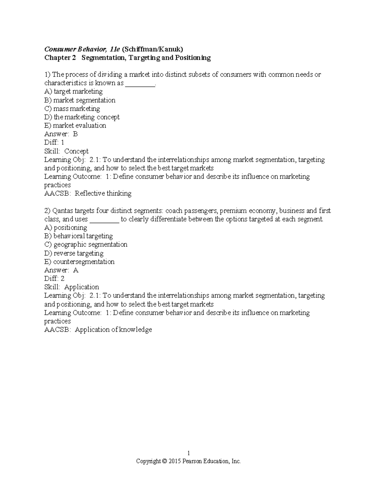 Chapter 2 - Consumer Behavior Test Bank (Segmentation & Targeting ...