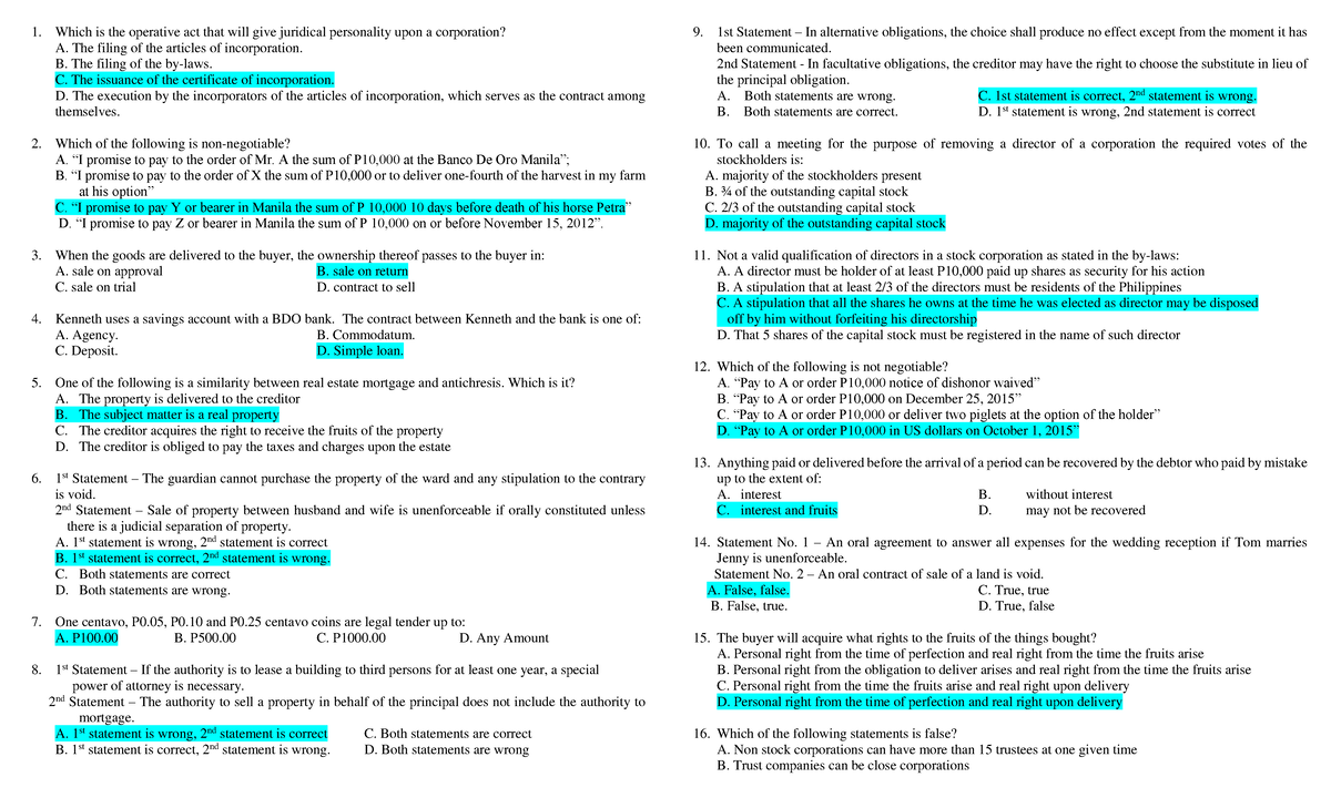 Business Law 101 - Answer Key for Final Exam Questions - Studocu